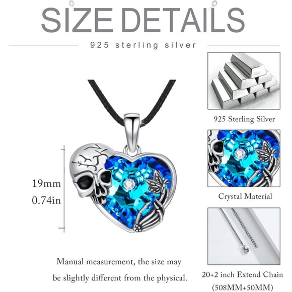 Sterling Silver Gothic Skull Necklace with Austrian Crystal, 20+2" Chain - Picture 4 of 7